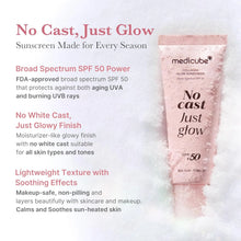 Load image into Gallery viewer, medicube No Cast Just Glow Collagen Sunscreen | SPF 50 Broad Spectrum Face Sunscreen | Lightweight, Non-Sticky, Hydrating Formula | Peptide, Cica for Soothing &amp; Glow | Korean Skincare
